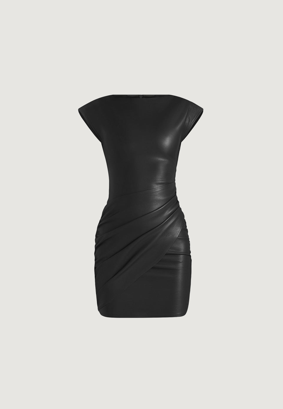 tina-leather-boat-neck-ruched-dress-black