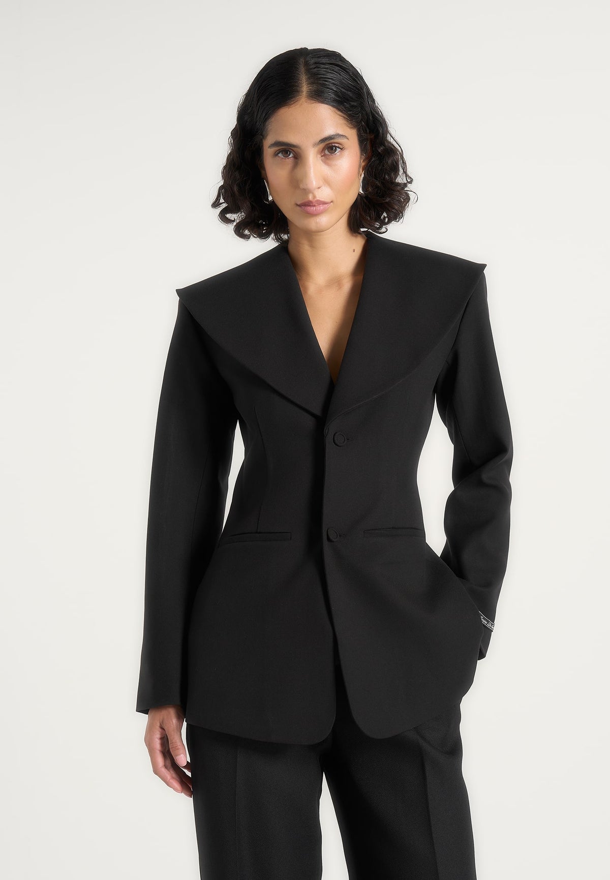 Paulette - Shawl Hourglass Wool-Blend Blazer - Black