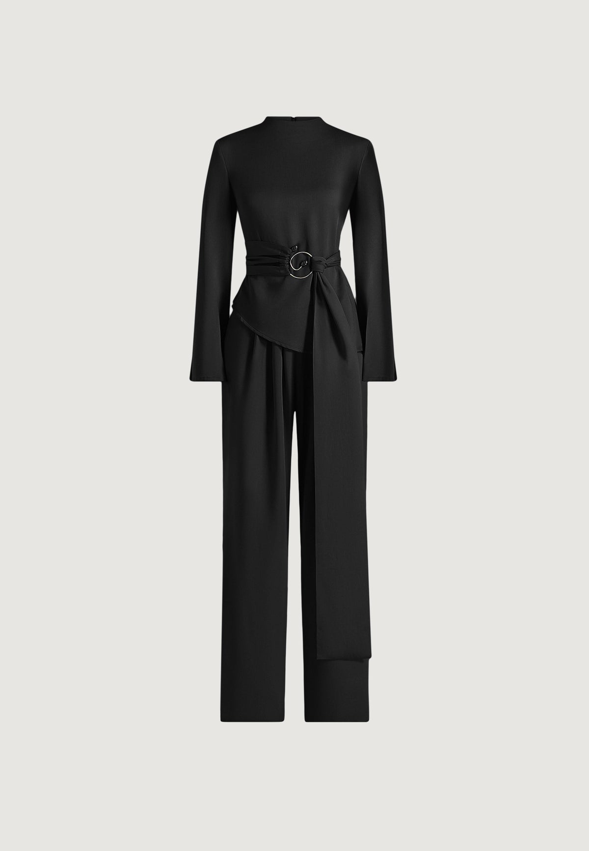 aurore-mock-neck-ring-belt-pleated-leg-jumpsuit-black