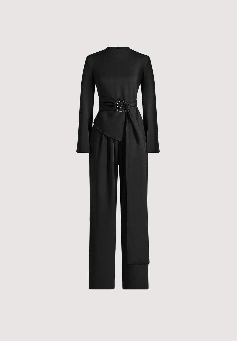 aurore-mock-neck-ring-belt-pleated-leg-jumpsuit-black