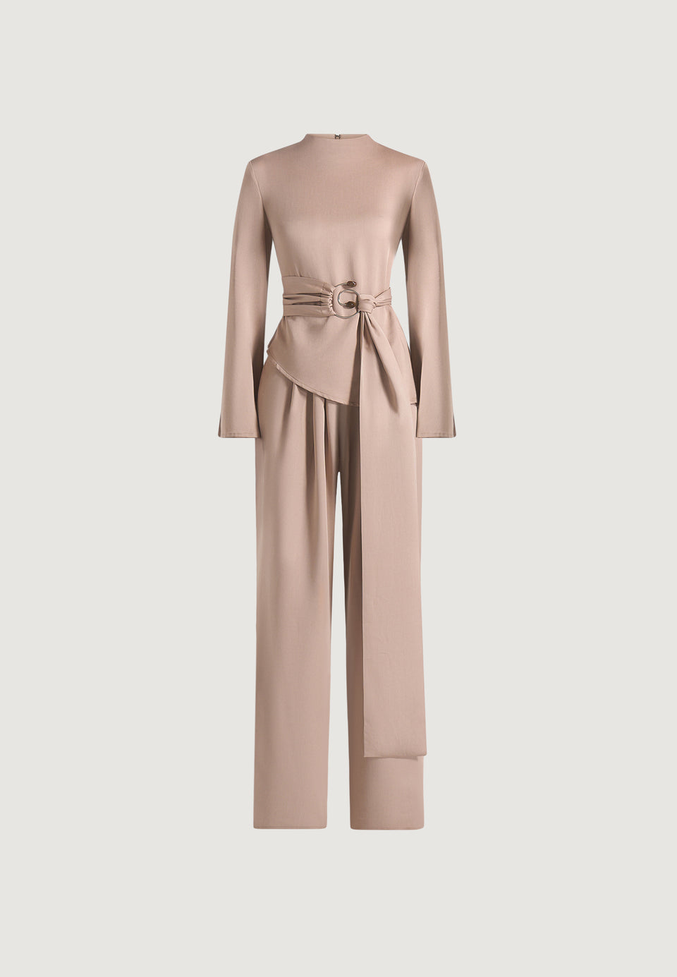 aurore-mock-neck-ring-belt-pleated-leg-jumpsuit-beige