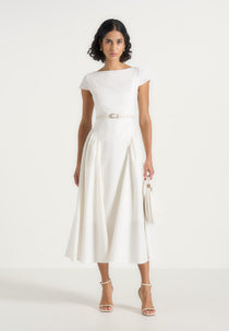 Gaia - Boat Neck Belted Pleated Midi Dress - White