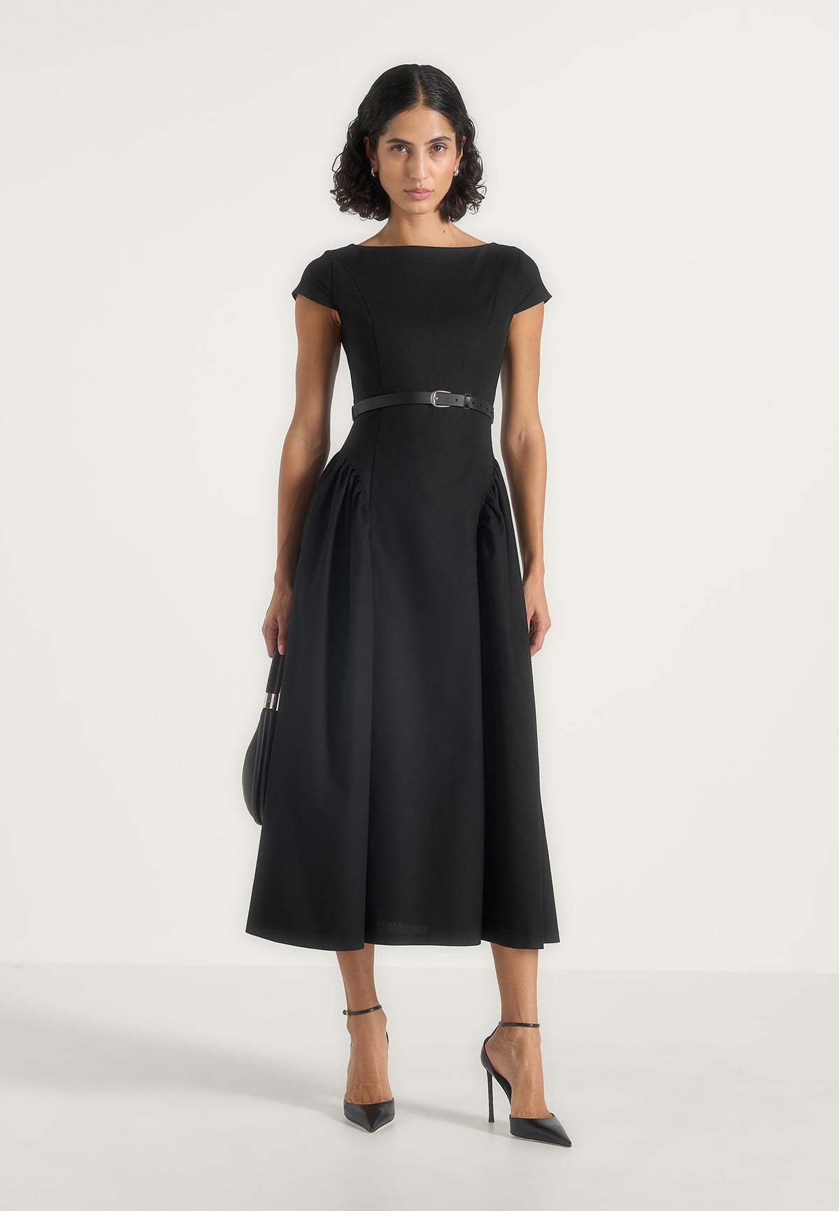Gaia - Boat Neck Belted Pleated Midi Dress - Black