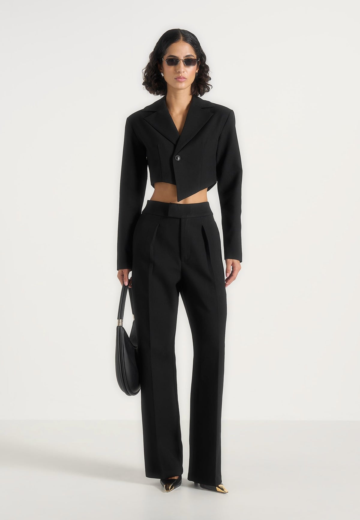 Dina - Asymmetric Tailored Cropped Wool-Blend Blazer - Black