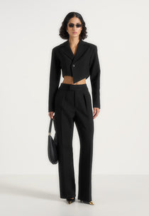 Dina - Asymmetric Tailored Cropped Wool-Blend Blazer - Black