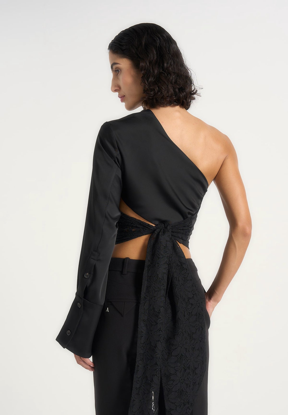 Coralie - One Sleeve Satin and Lace Wrap Top - Black