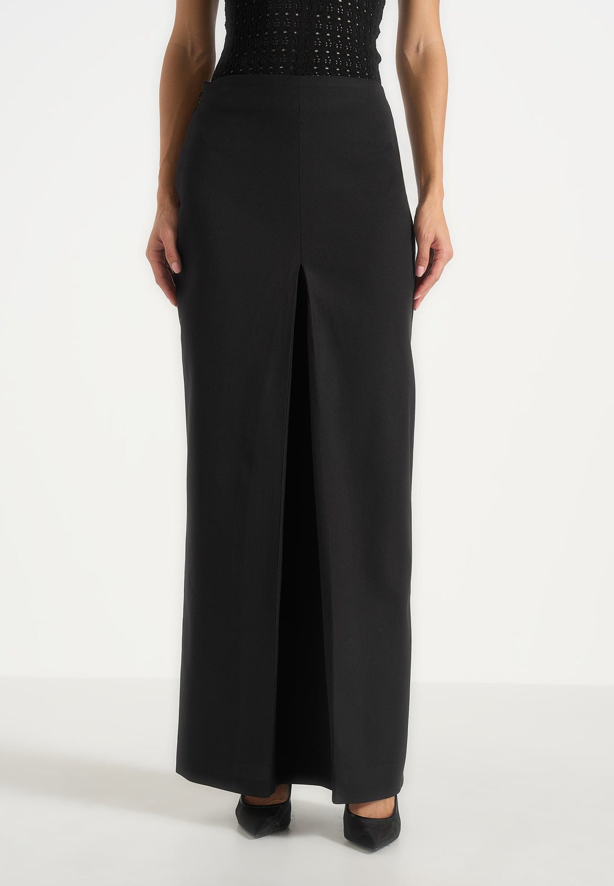 Regine - Tailored Box Pleat Wool-Blend Maxi Skirt - Black