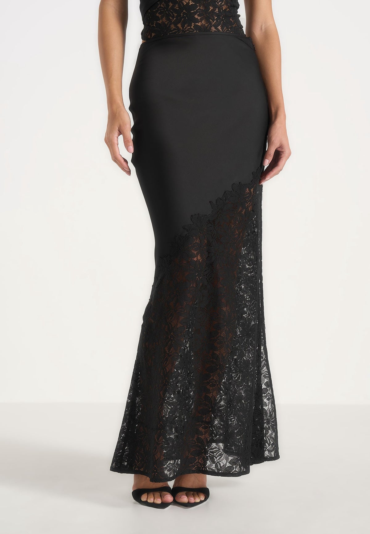 Belle - Satin and Lace Maxi Skirt - Black