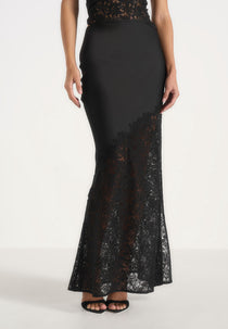 Belle - Satin and Lace Maxi Skirt - Black