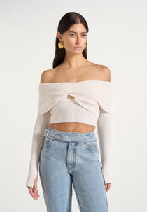 Shana - Asymmetric Off The Shoulder Top With Hardware Detail - Cream