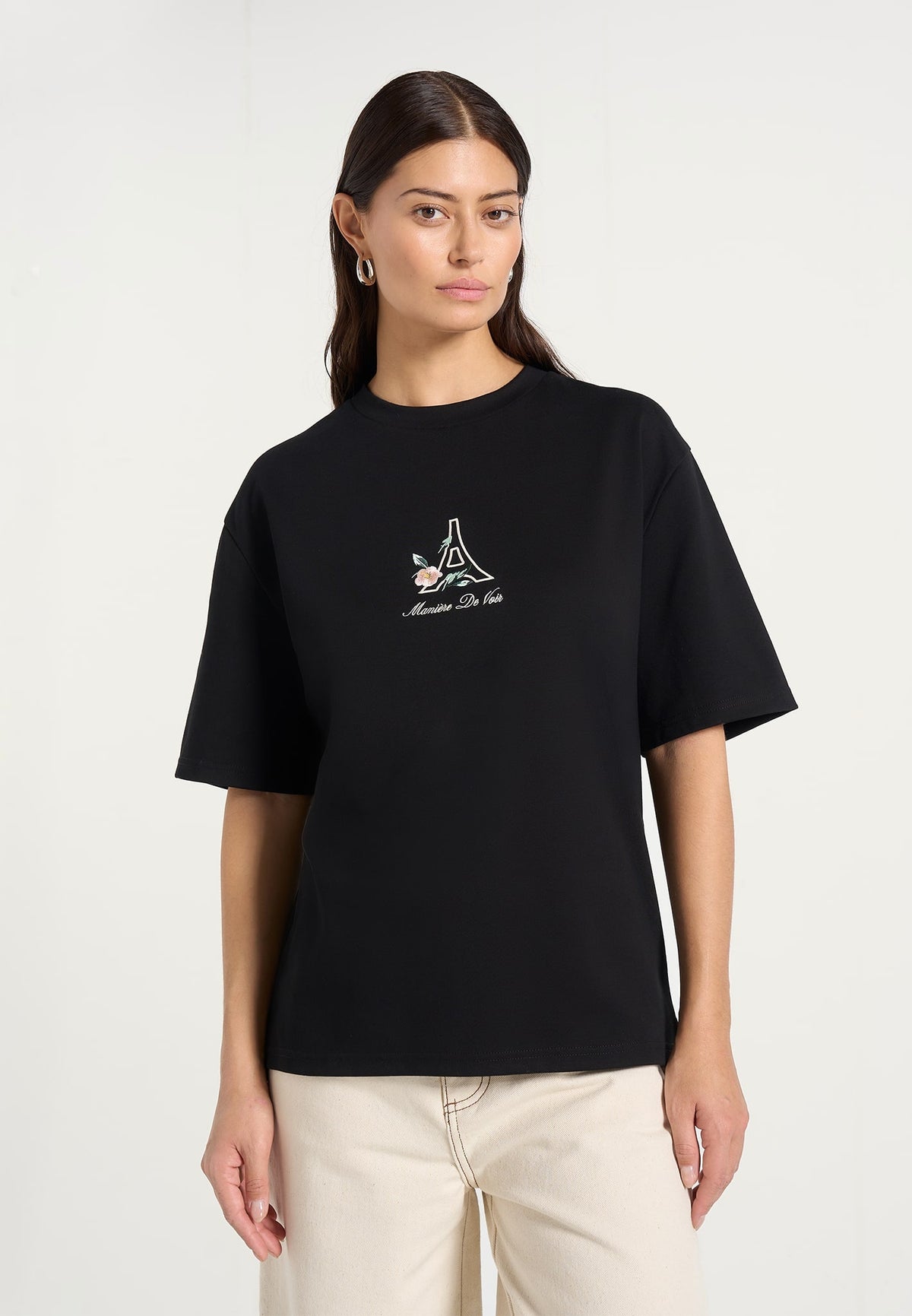 TS008 - Unisex Floral Eiffel Cotton T-Shirt - Black