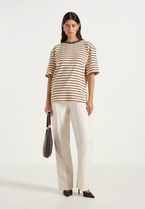 Riley - Unisex Striped Relaxed Fit Cotton T-Shirt - Cream/Brown