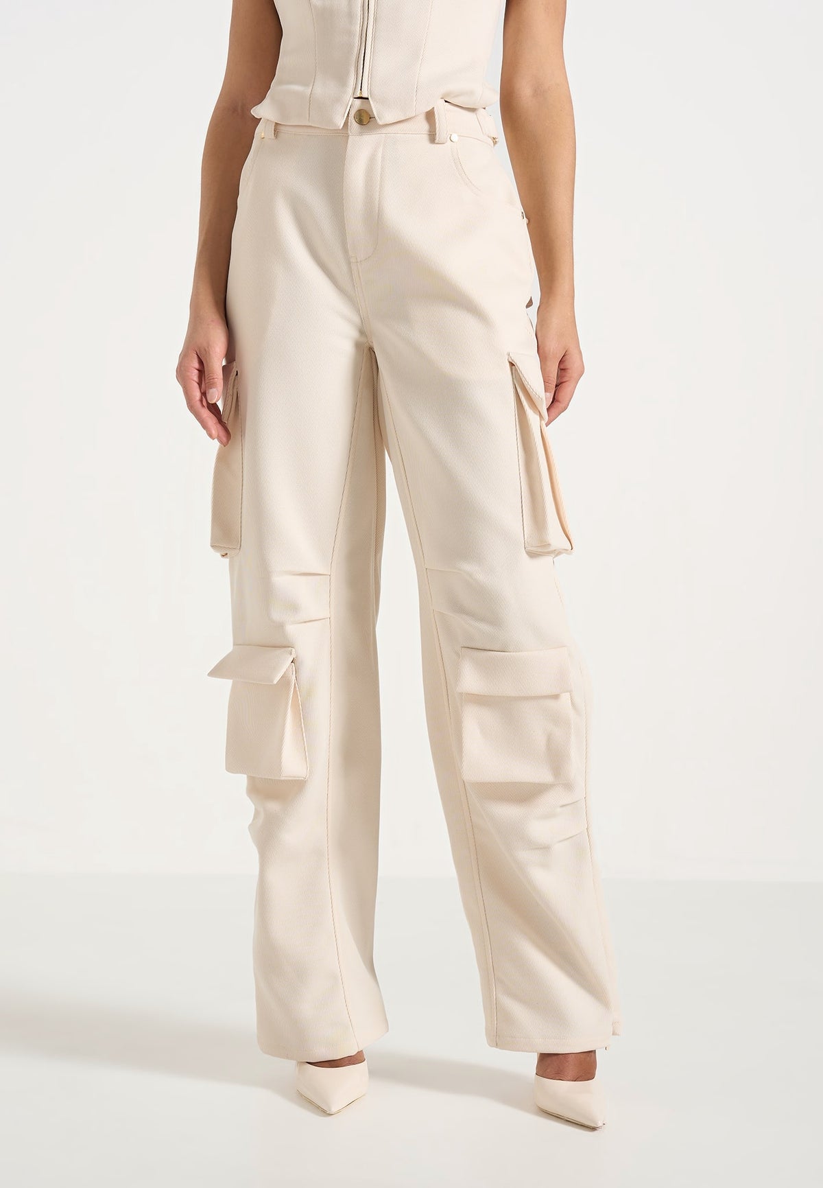 Emilie - High Waisted Twill Cargo Pants - Cream