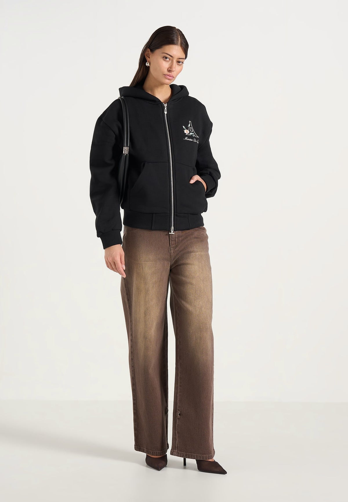 JS009 - Unisex Floral Eiffel Zip Hoodie - Black