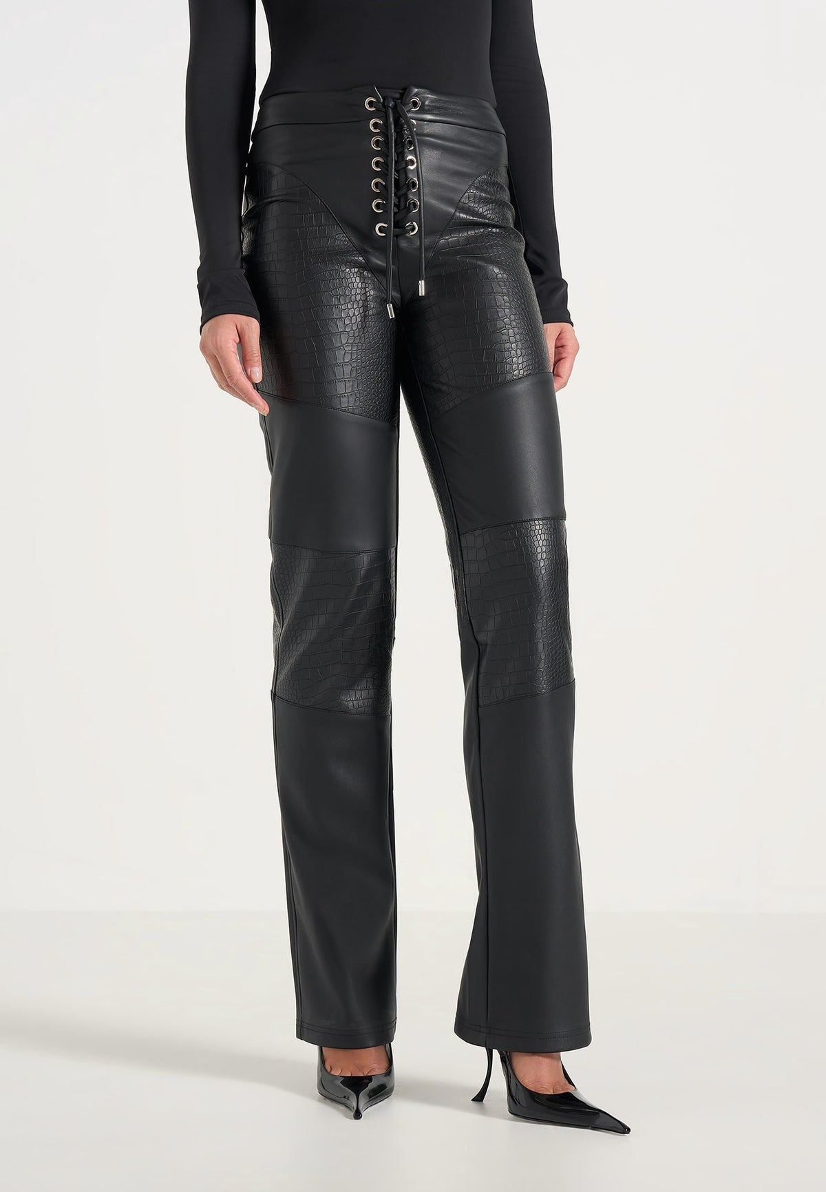 Seren - Croc Embossed Lace Up Pants - Black