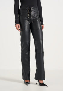 Seren - Croc Embossed Lace Up Pants - Black