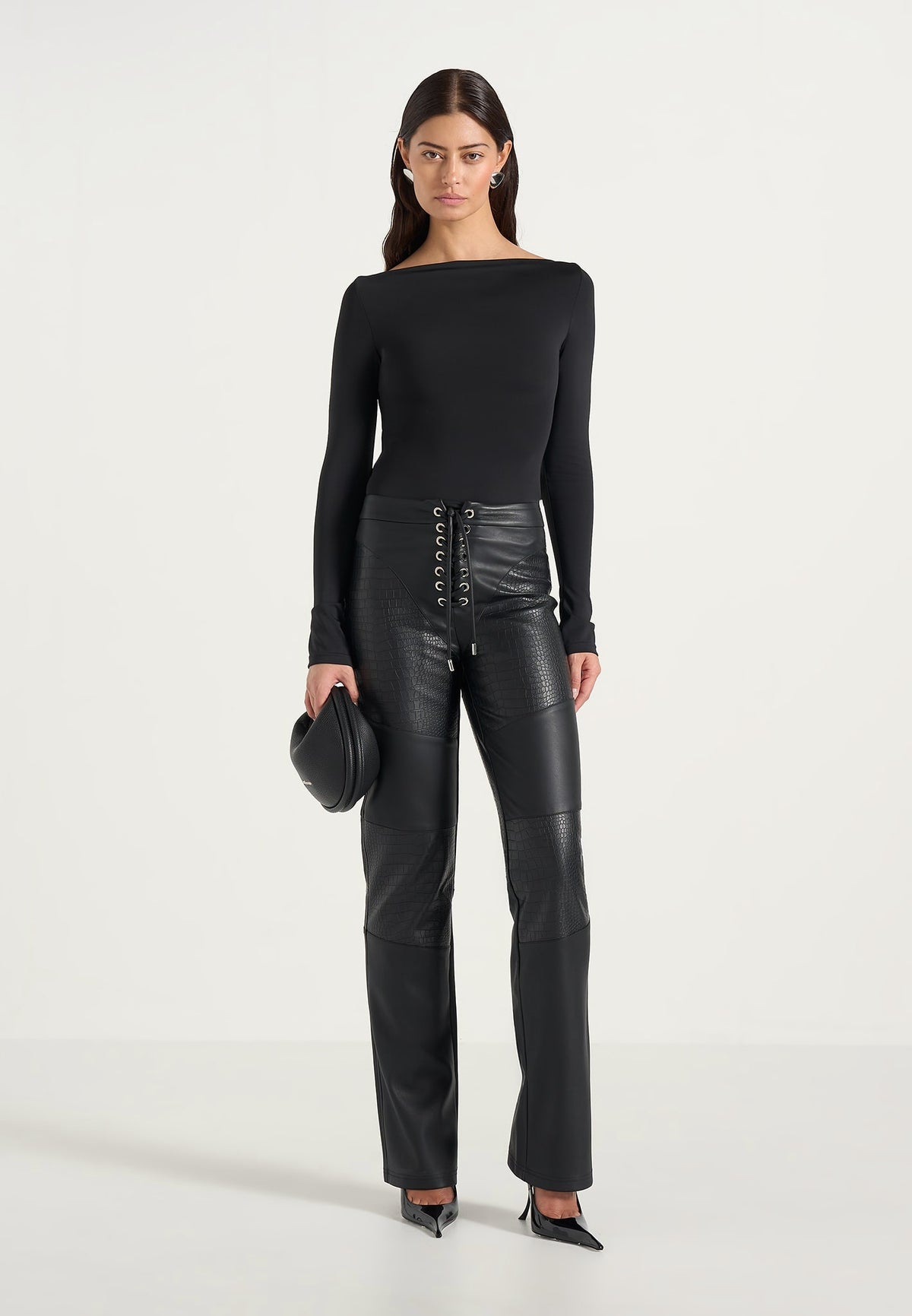 seren-croc-embossed-lace-up-trousers-black