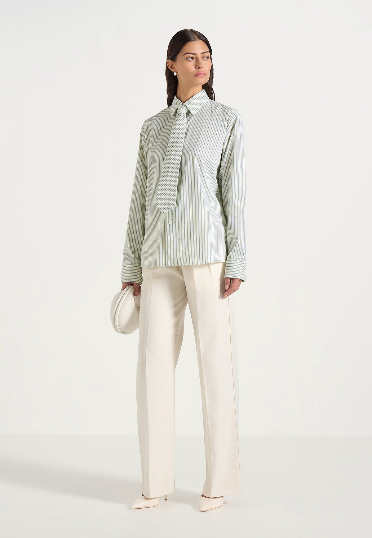 Dylan - Unisex Pinstripe Long Sleeve Shirt With Detachable Tie - Sage