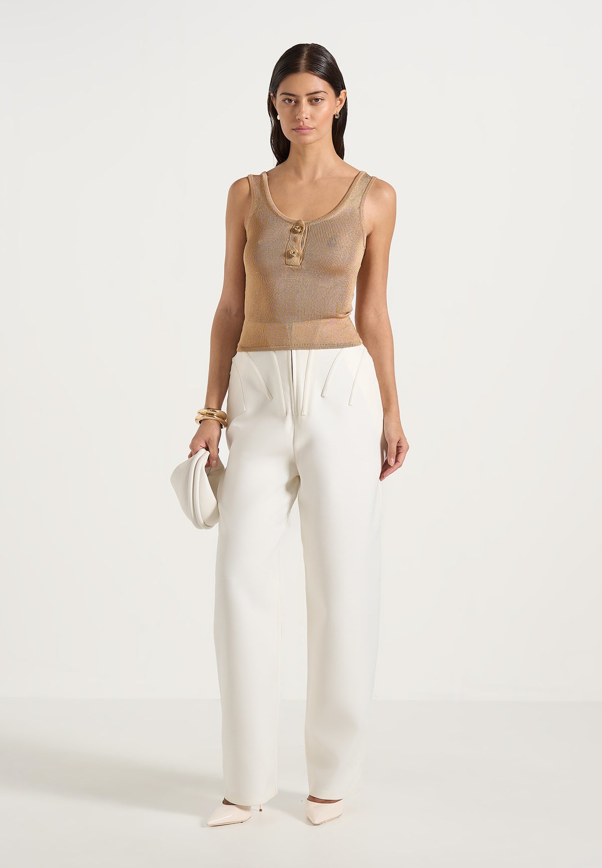 Pippa - Pointelle Knitted Vest With Knot Button - Gold