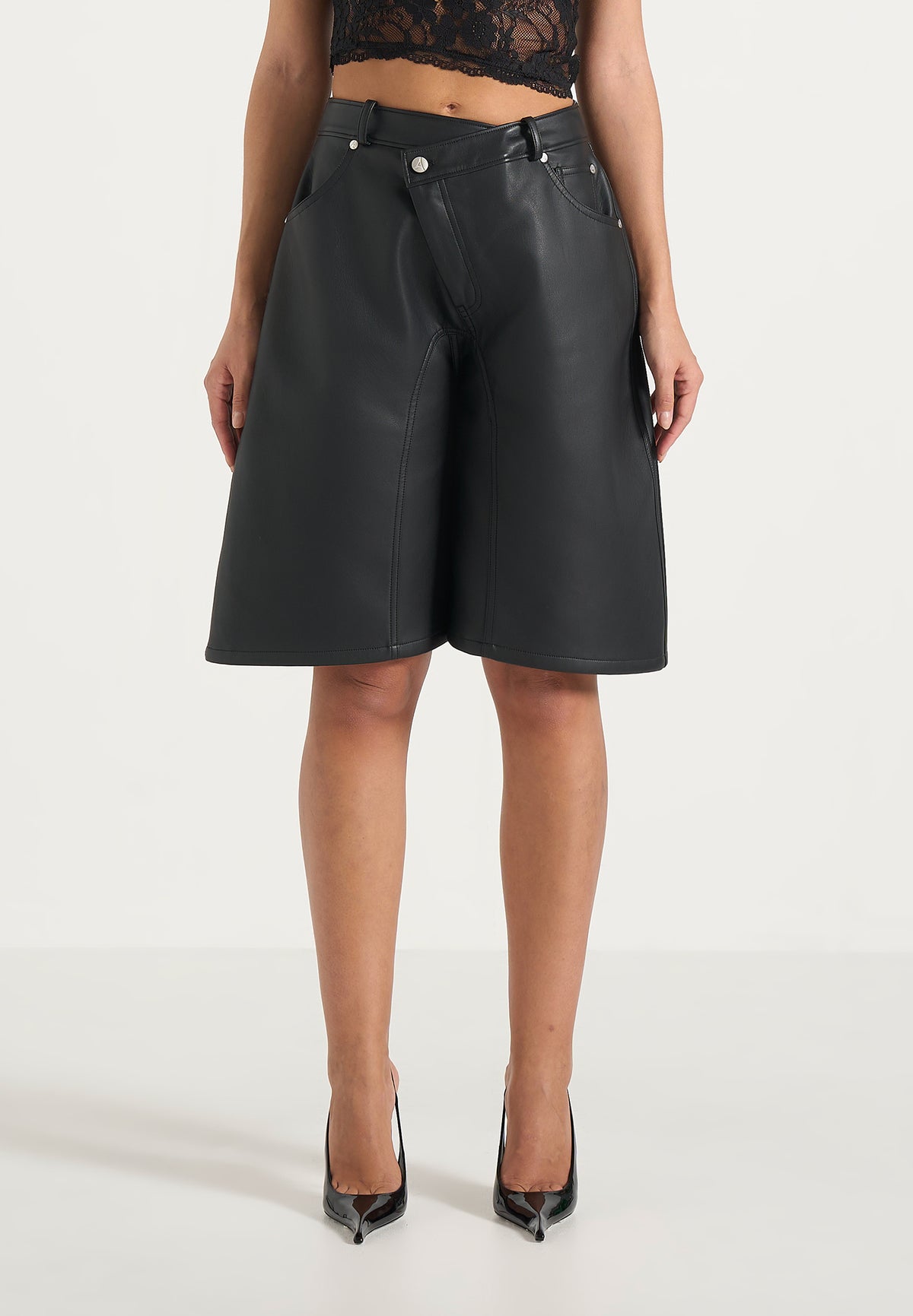 Hazel - Leather Wrapover Bermuda Shorts - Black