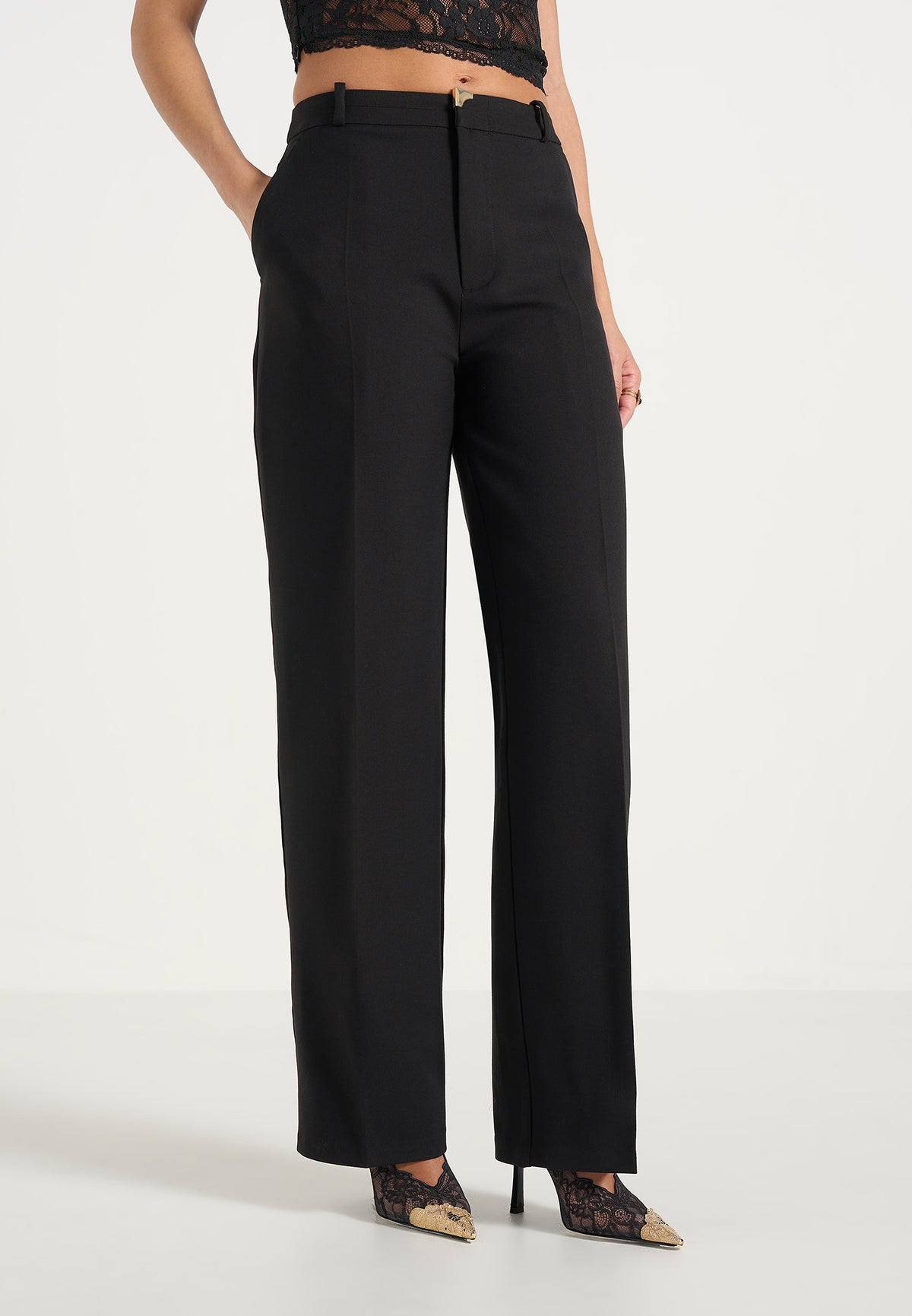 Doria - Tailored Wool-Blend Pants With Waistband Detail - Black