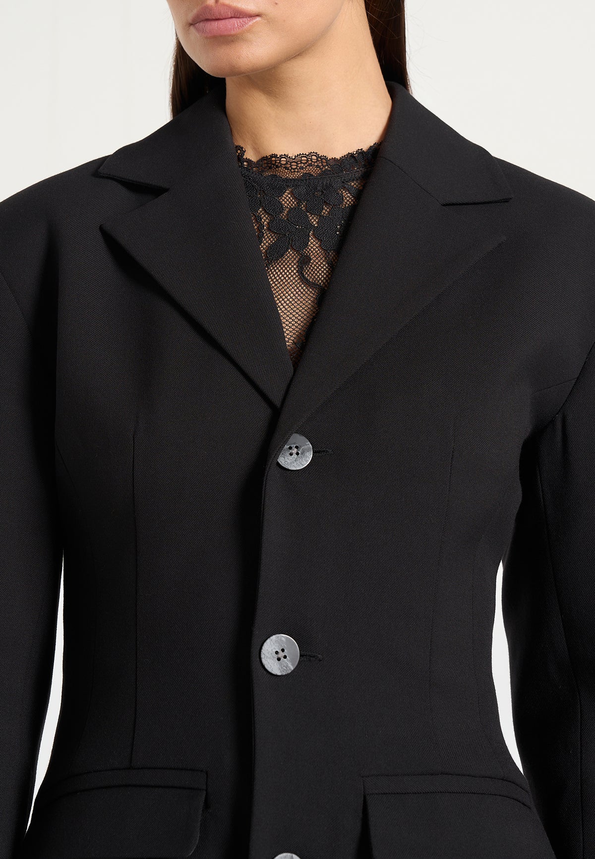 Claire - Wide Shoulder Cinch Waist Wool-Blend Blazer - Black
