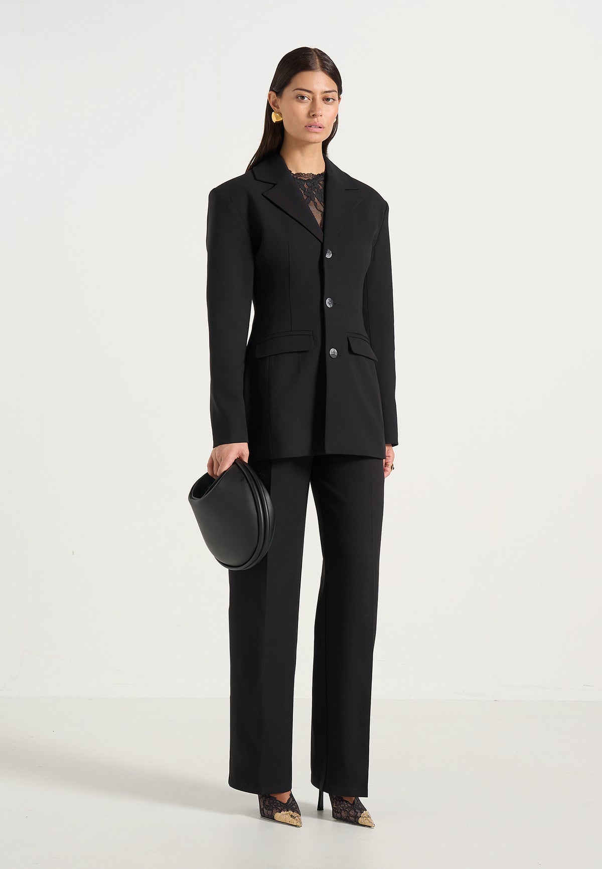 Claire - Wide Shoulder Cinch Waist Wool-Blend Blazer - Black