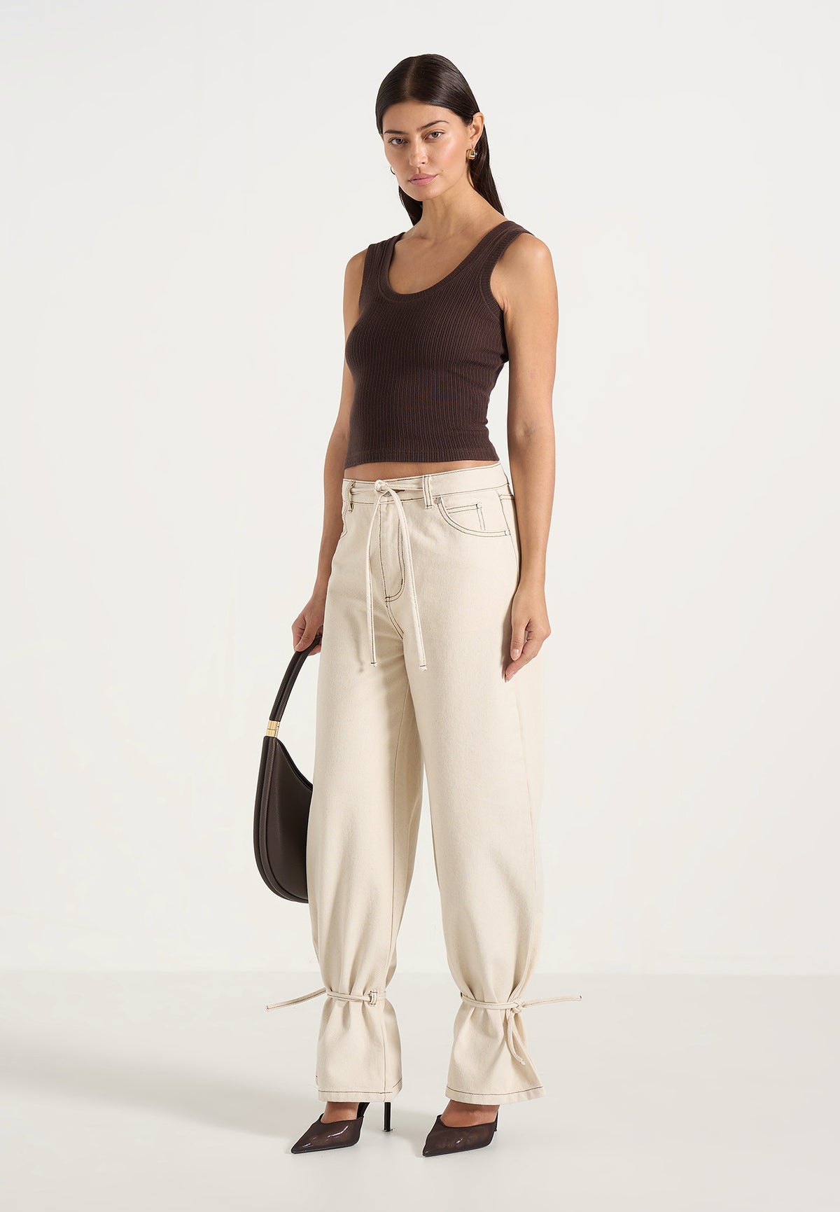 Faye - Wide Mid Rise Jeans With Tie Waist - Cream