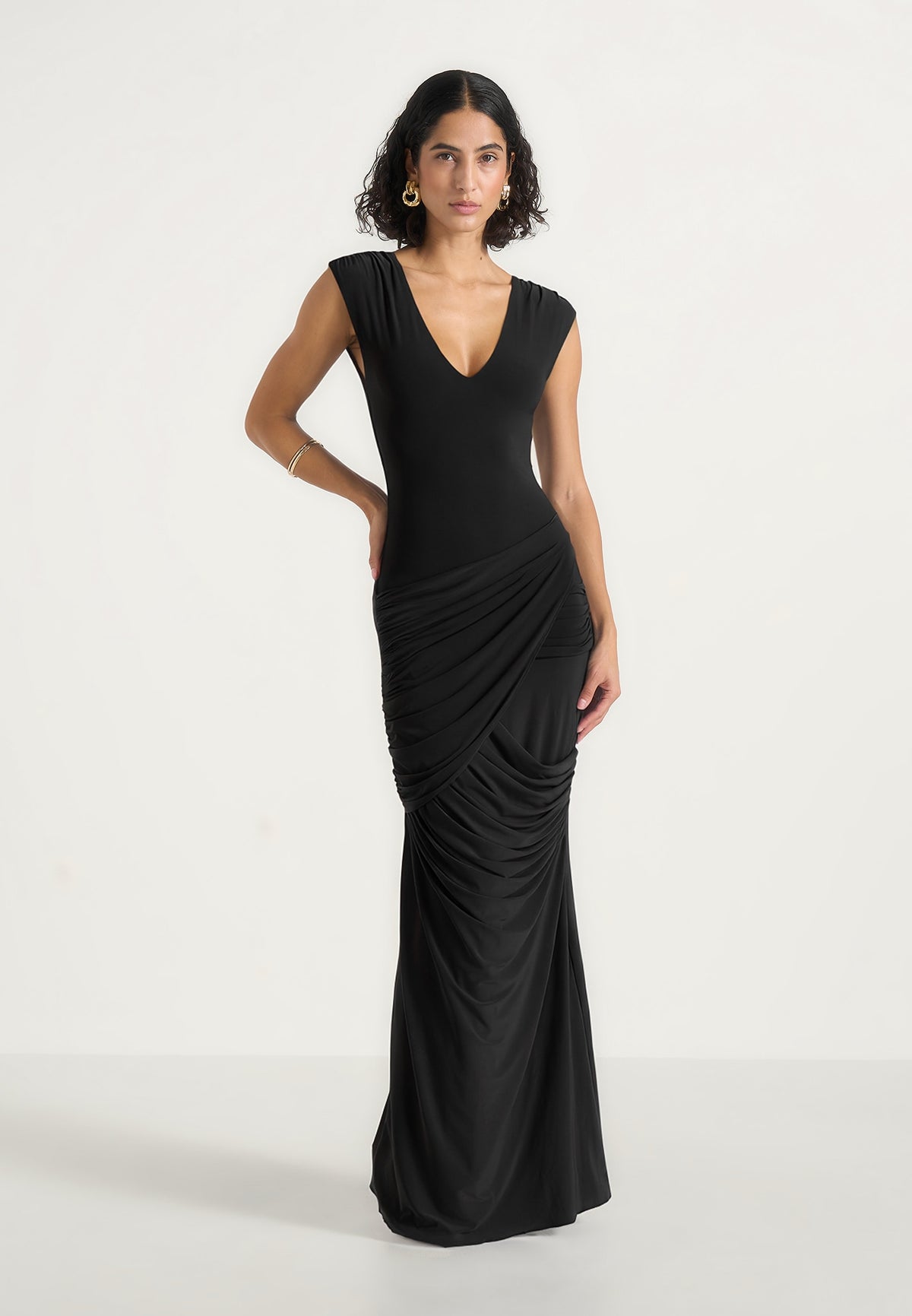 Bridget - V Neck Asym Ruched Maxi Dress - Black