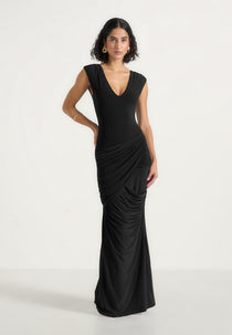 Bridget - V Neck Asym Ruched Maxi Dress - Black