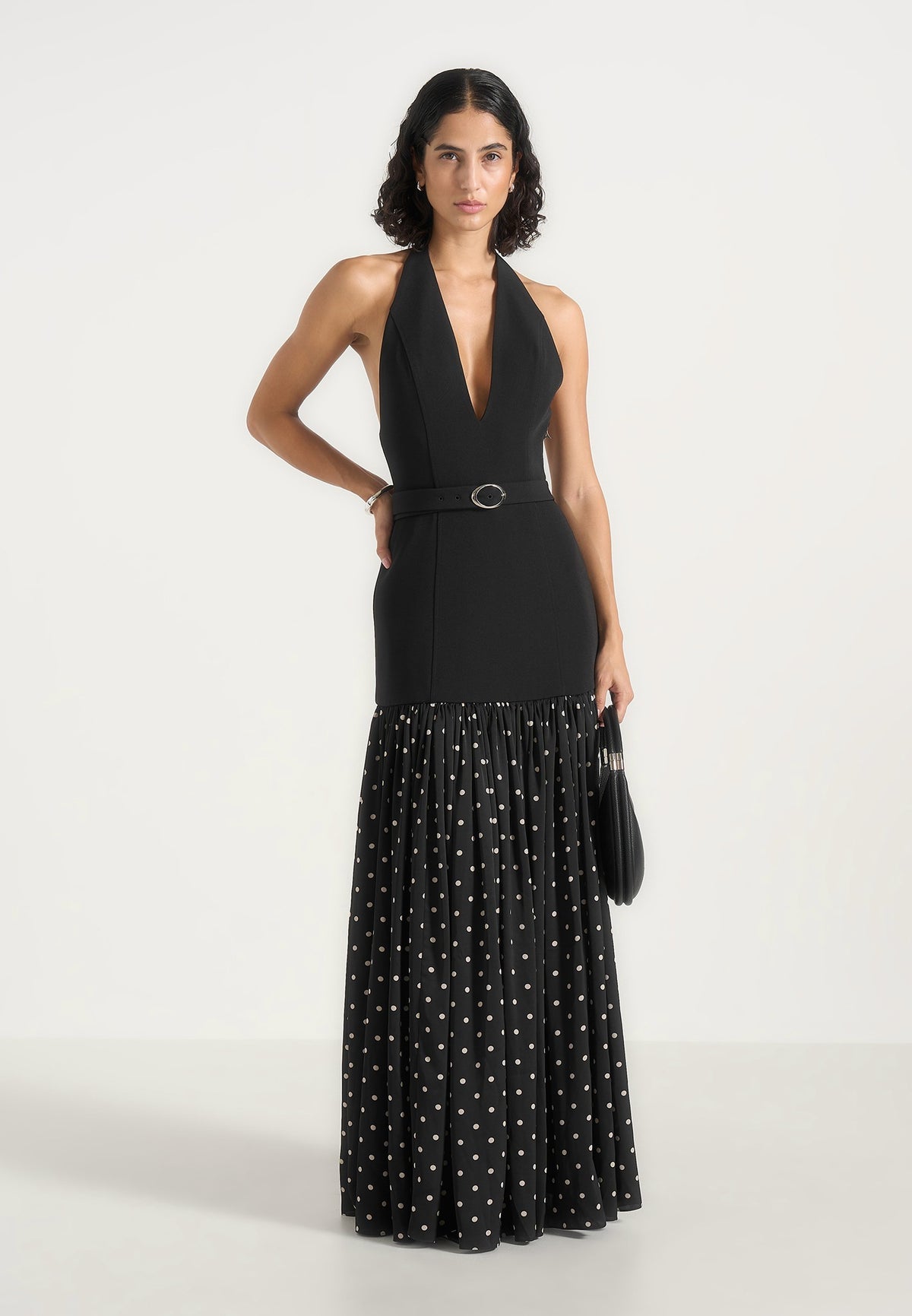 Deborah - Halter Belted Polka Dot Pleat Maxi Dress - Black