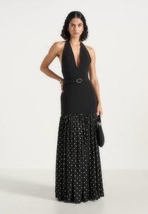 Deborah - Halter Belted Polka Dot Pleat Maxi Dress - Black