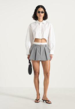 Rebecca - Pinstripe Pleated Belted Skort With Waistband - Grey