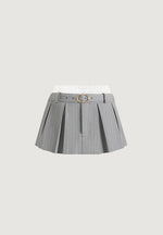 Rebecca - Pinstripe Pleated Belted Skort With Waistband - Grey