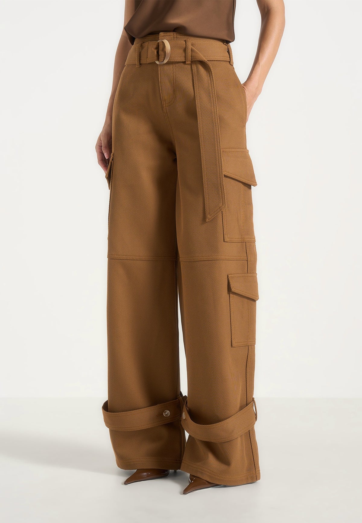 Sahara - Belted Wide Leg Strap Cuff Cargo Pants - Fawn