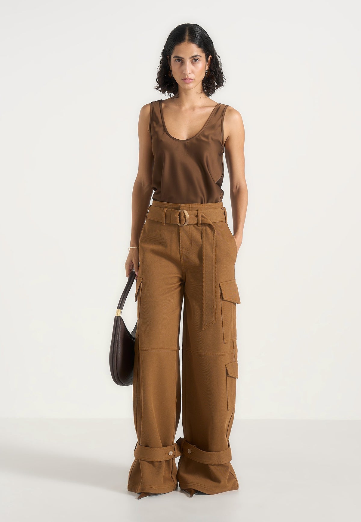 Sahara - Belted Wide Leg Strap Cuff Cargo Pants - Fawn