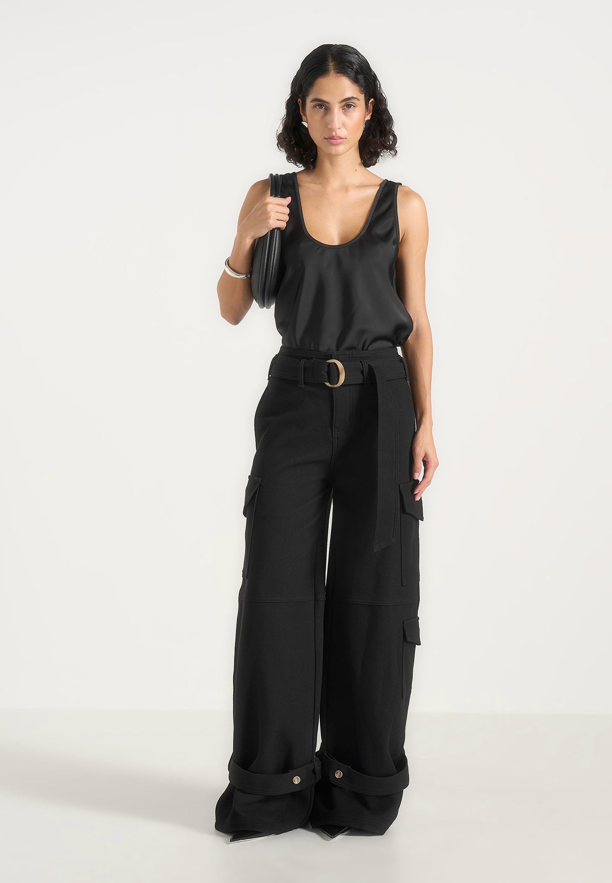 Sahara - Belted Wide Leg Strap Cuff Cargo Pants - Black