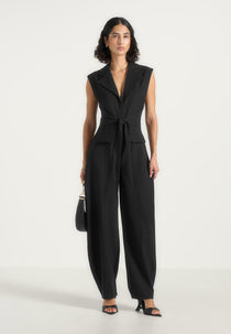 Uma - Tie-Waist Barrel Leg Tailored Jumpsuit - Black