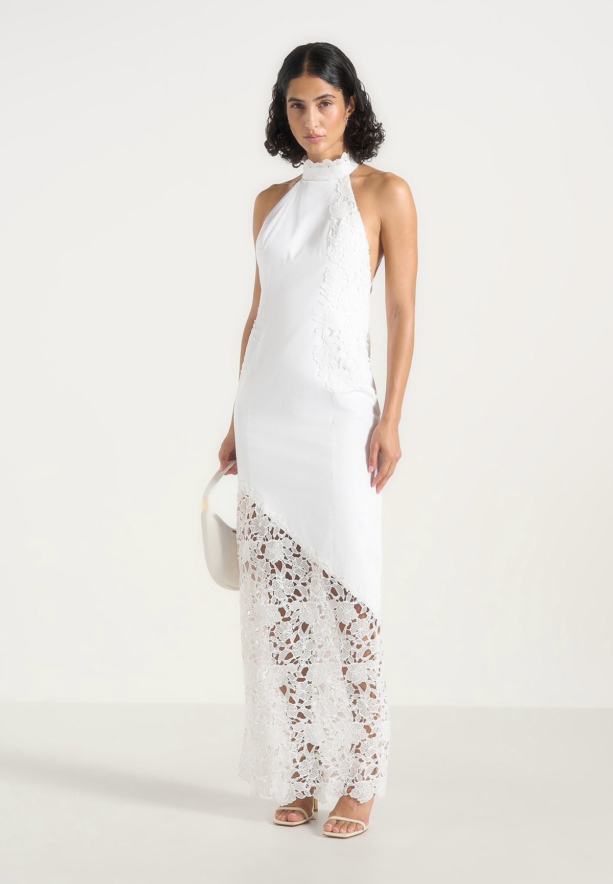 Macy - Halter Open Back Cotton Crochet Maxi Dress - White