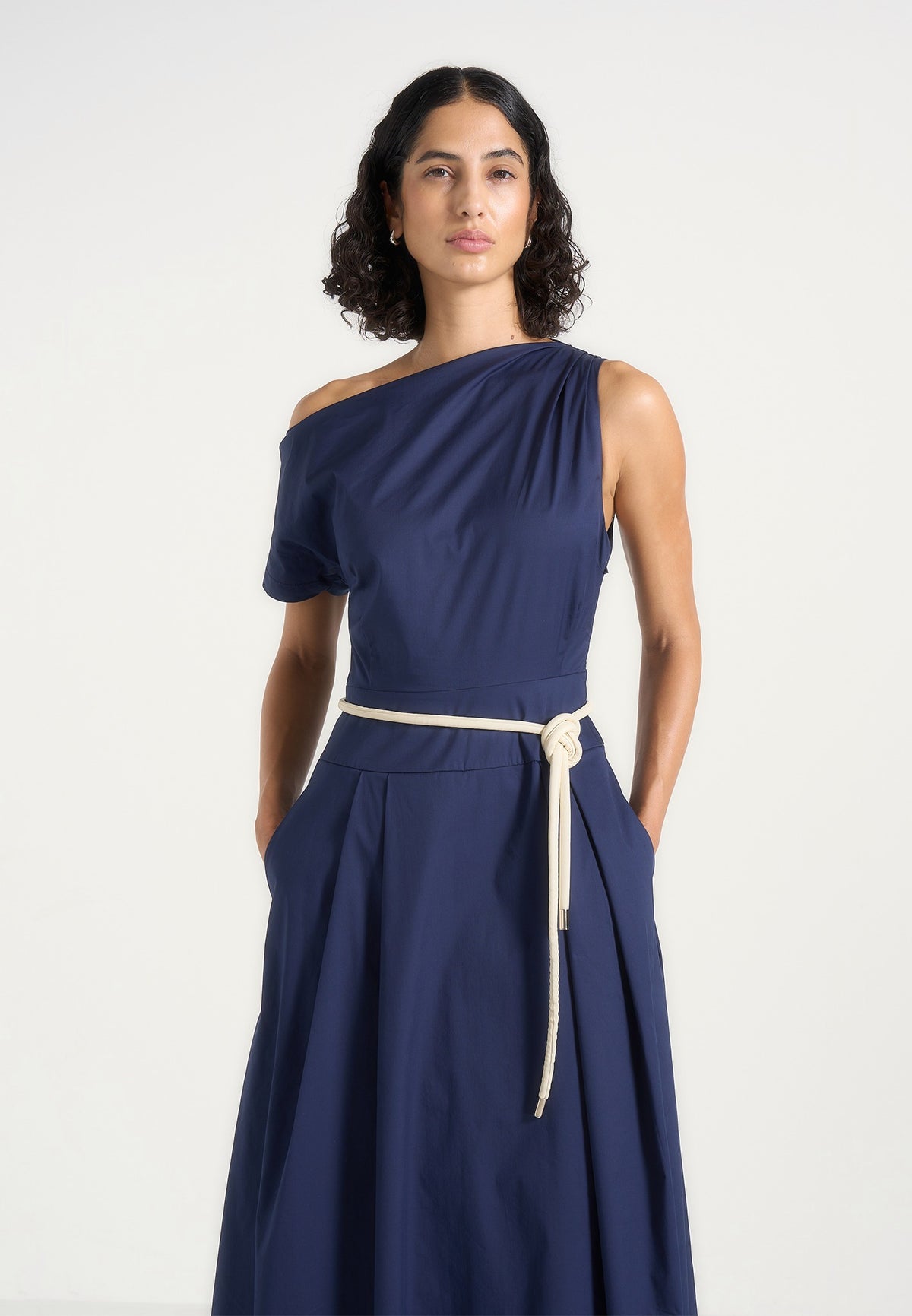 Yara - Asym Tie-Waist Cotton Midi Dress - Navy