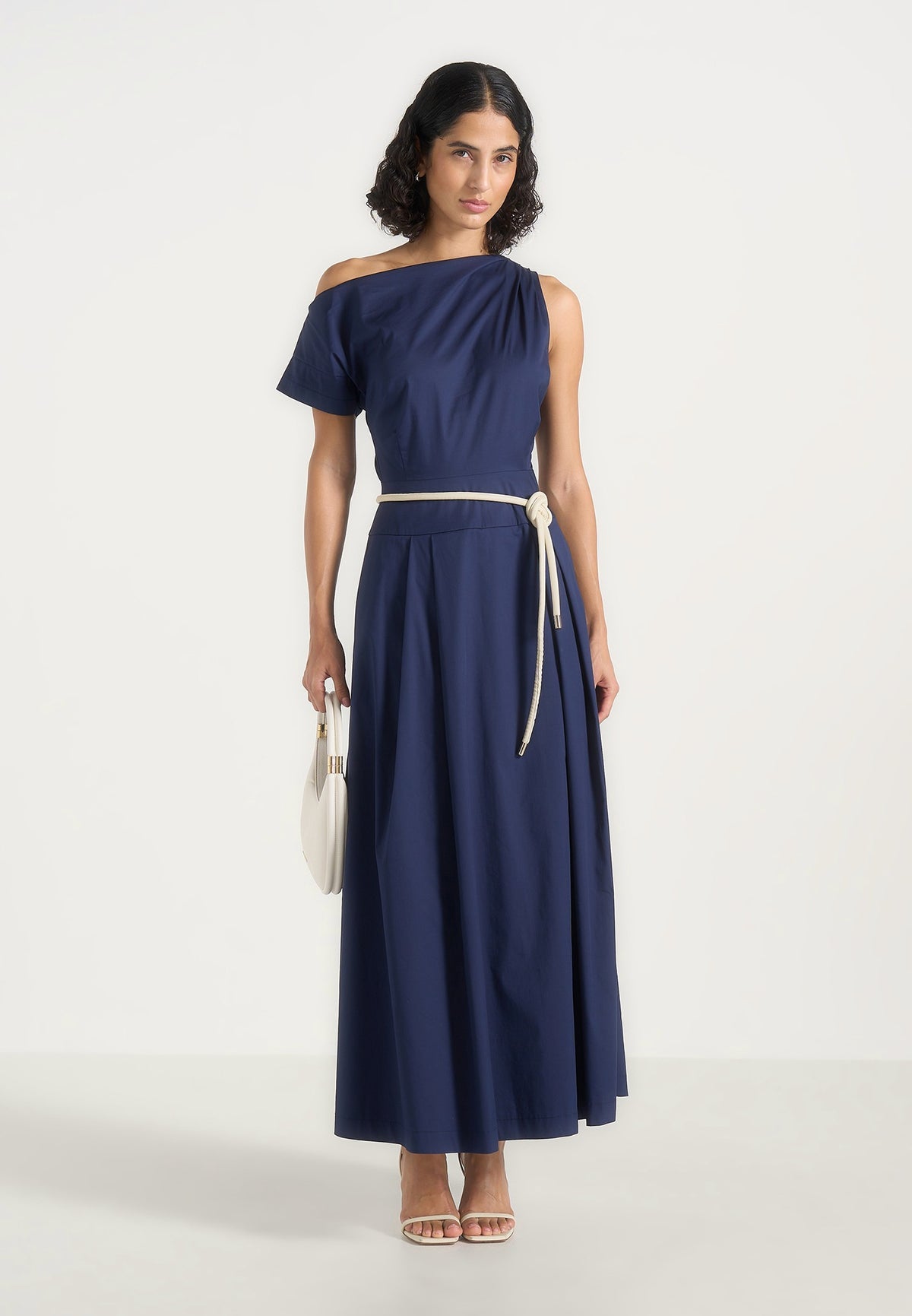 Yara - Asym Tie-Waist Cotton Midi Dress - Navy