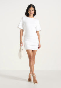 Summer - Ruched Open-Back Cotton T-Shirt Mini Dress - White