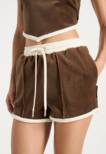 Bettie - Contrast Velour Mini Shorts - Brown