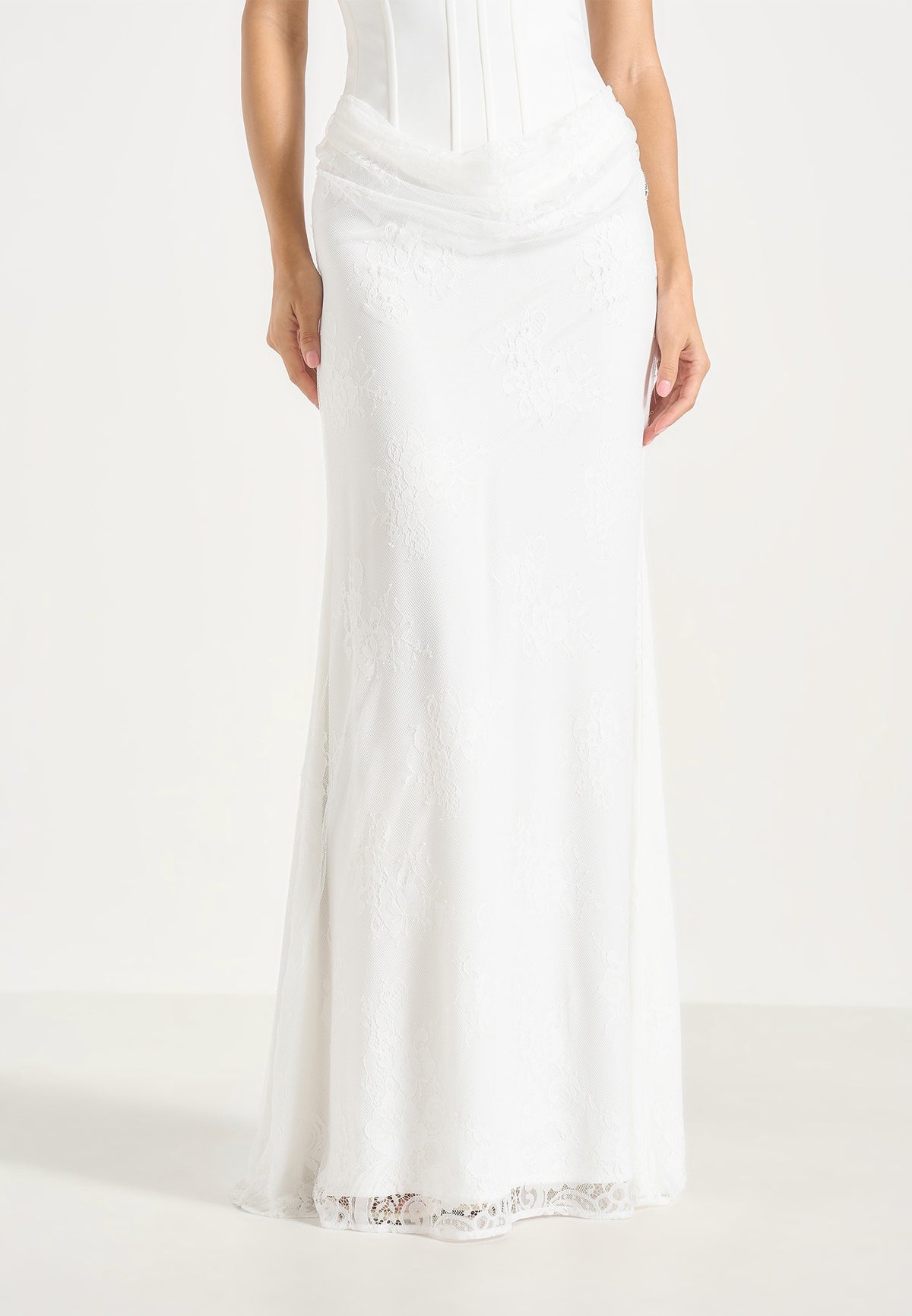 Opal - Satin Corset Cowl Lace Maxi Dress - White