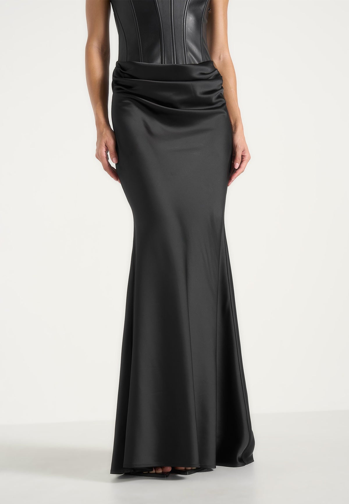 Opal - Leather Corset Cowl Satin Maxi Dress - Black