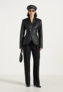 Ina - Leather Cinched Waist Kimono Blazer - Black