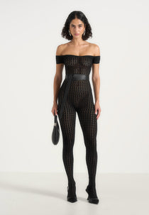 Martine - Pointelle Knit Off The Shoulder Jumpsuit with Belt - Black