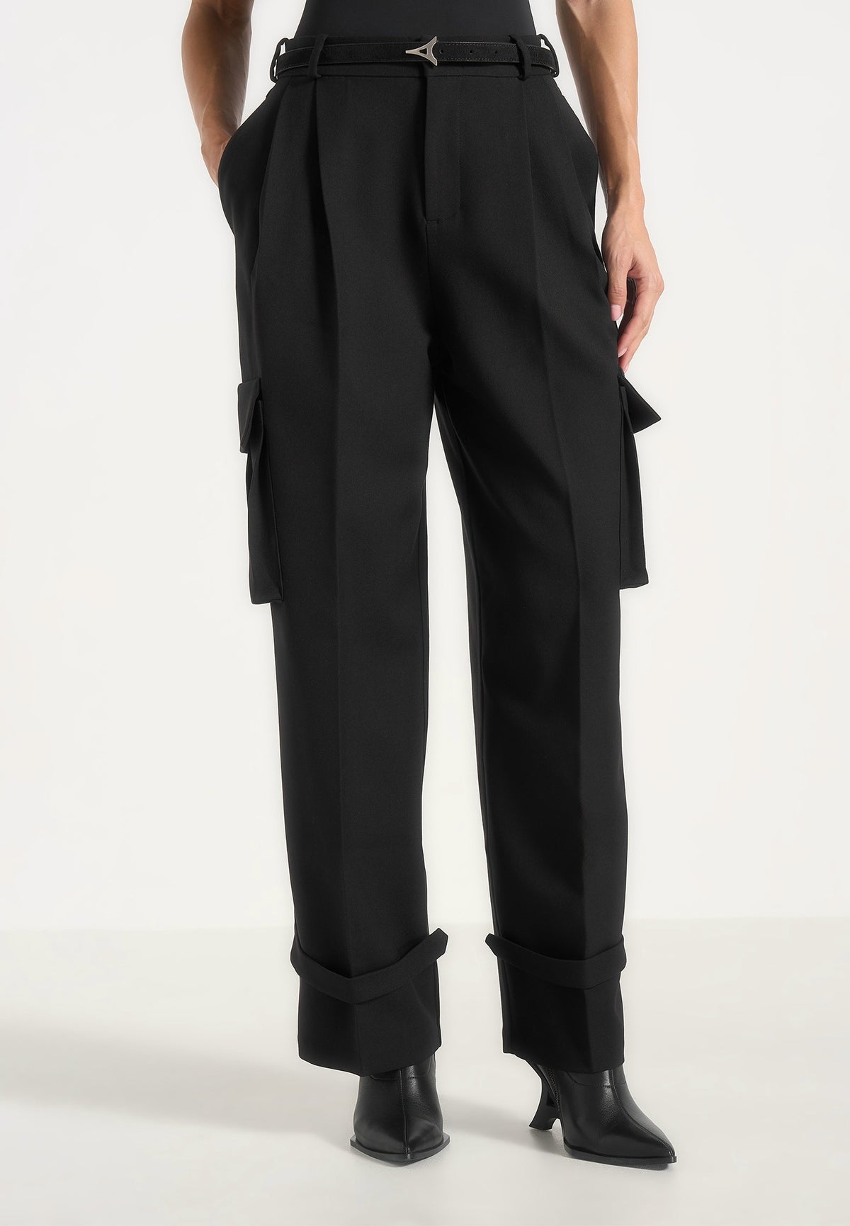 textured-tailored-pleated-cargo-trousers-black