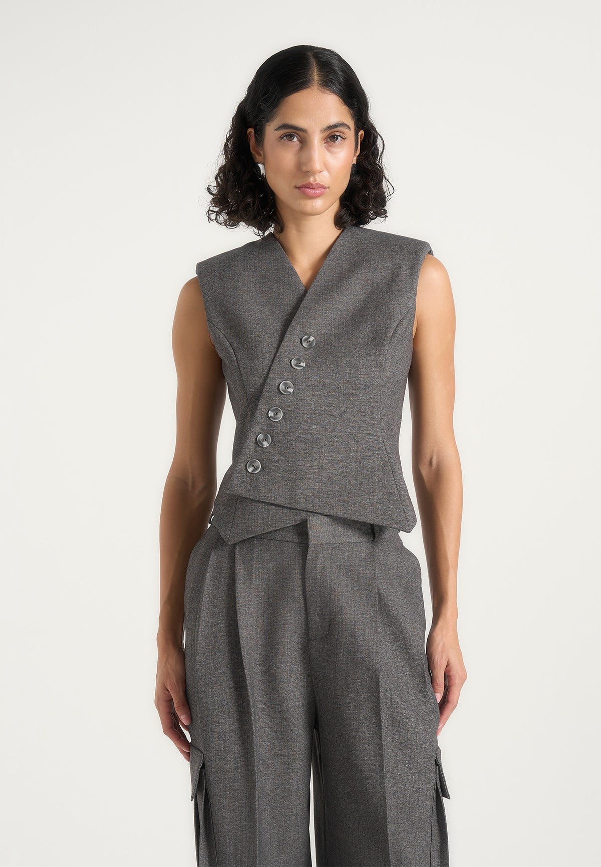 Laurence - Tailored Asym Wrap Waistcoat - Grey Marl