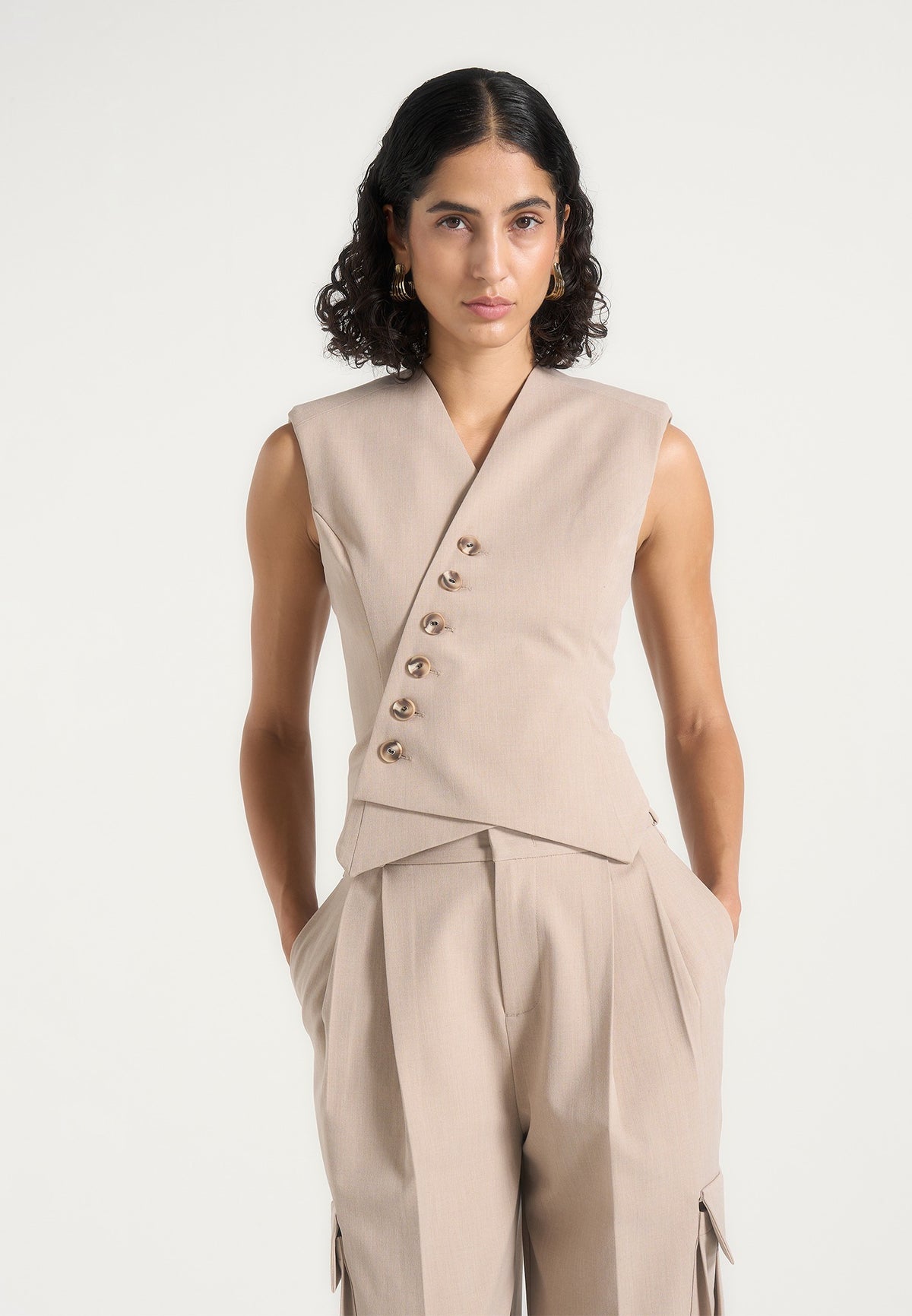 Laurence - Tailored Asym Wrap Waistcoat - Beige